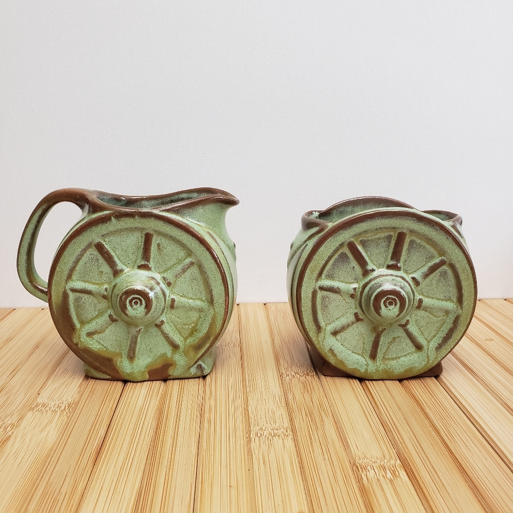 Vintage Frankoma Pottery Wagon Wheel Creamer Sugar Bowl Farmhouse Cottagecore